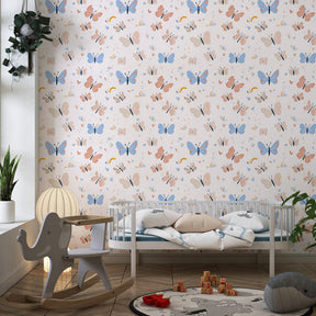 Colorful butterfly wallpaper transforming children's bedroom into enchanted garden space