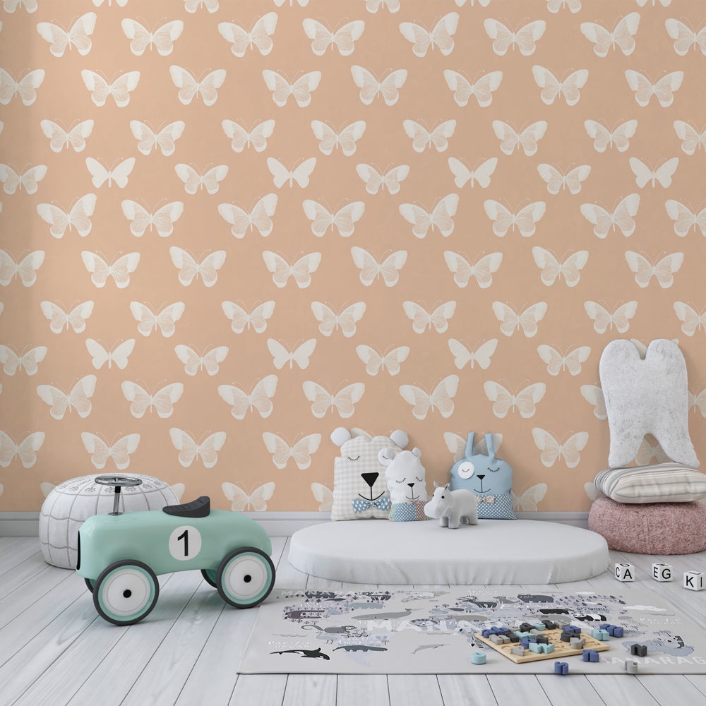 Soft pastel butterfly wallpaper creating magical atmosphere in children's bedroom interior