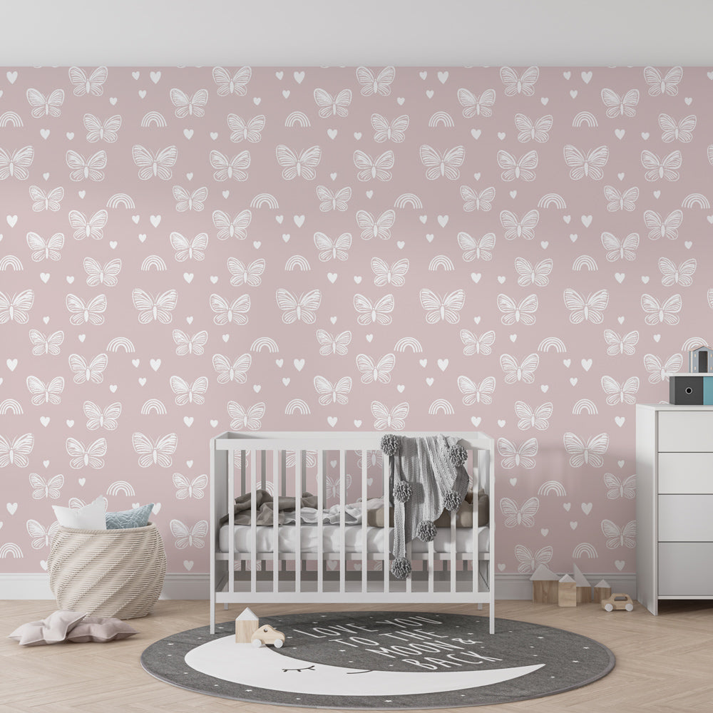 Delicate butterfly rainbow wallpaper transforming kids bedroom into dreamy space