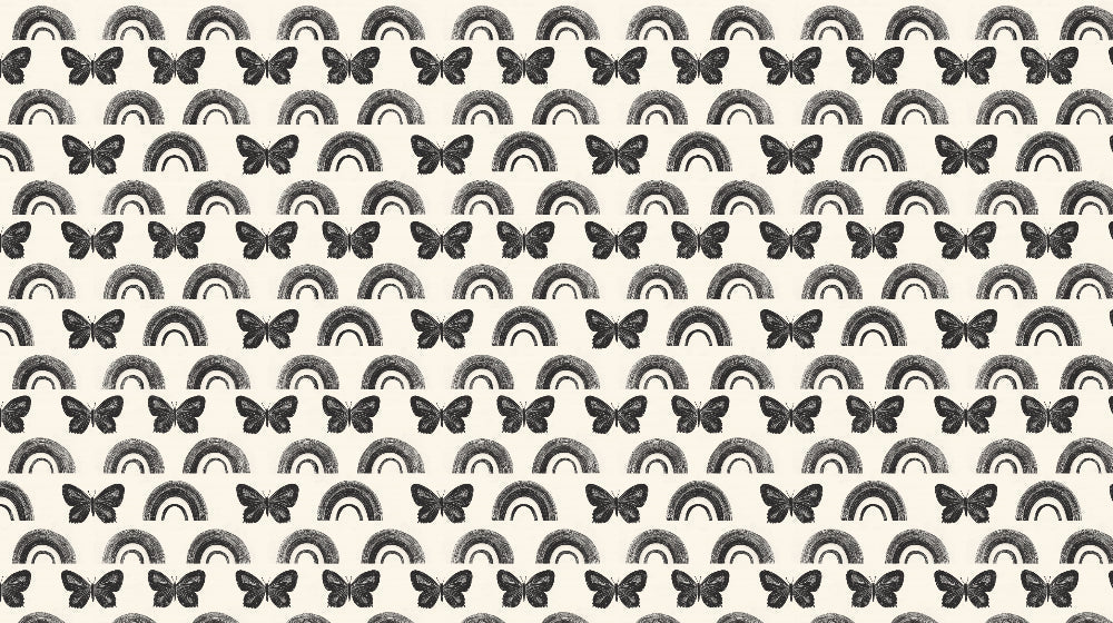 Detailed butterfly and rainbow mural wallpaper design pattern showing black silhouettes by Kids-Mundo