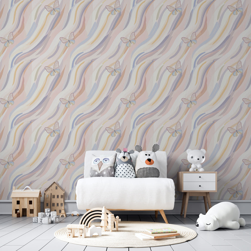 Pastel butterfly wallpaper creating dreamy atmosphere in children's bedroom decor