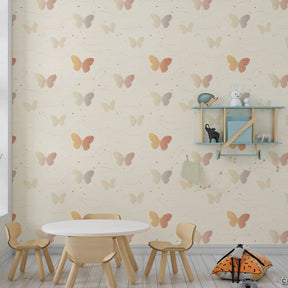 Soft butterfly wallpaper creating dreamy children's bedroom atmosphere with gentle wave patterns