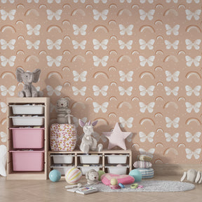 Butterfly rainbow wallpaper creating magical kids bedroom decor with soft pink tones