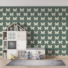 Delicate butterfly wallpaper creating peaceful children's bedroom decor with nature theme