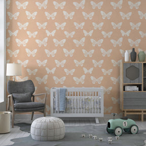 Beautiful butterfly mural wallpaper with gentle pastel tones in modern kids room setting