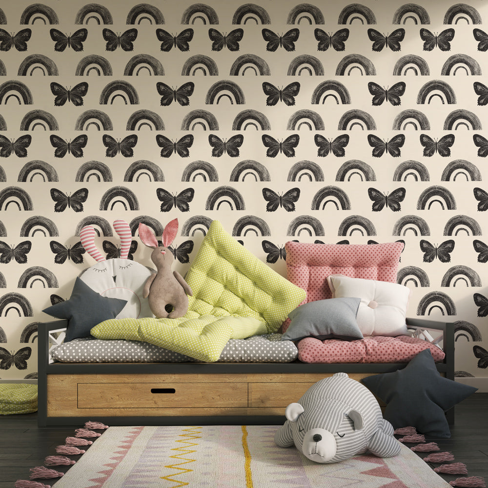 Nature-inspired butterfly mural wallpaper transforming kids room with artistic rainbow motifs