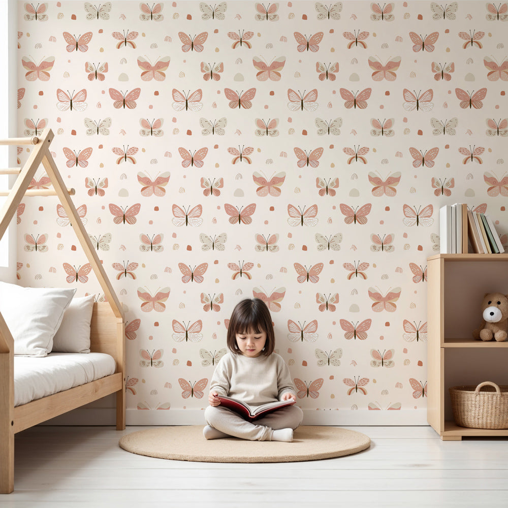 Pastel butterfly mural wallpaper in elegant nursery setting by Kids-Mundo