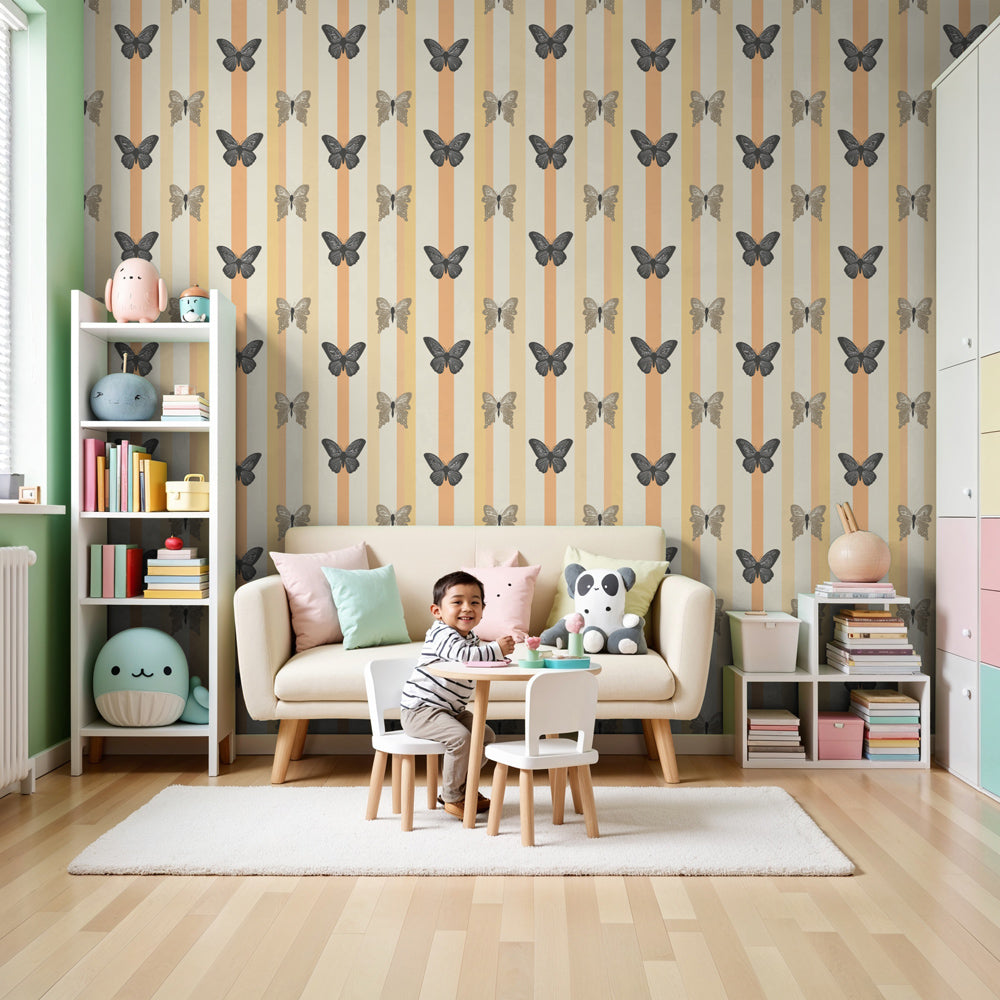 Butterfly mural wallpaper with striped background decorating modern nursery by Kids-Mundo