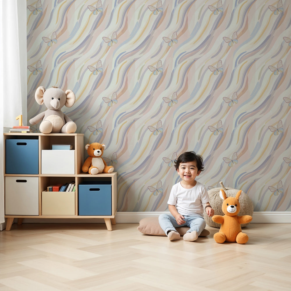 Butterfly mural wallpaper in pastel colors decorating a serene nursery by Kids-Mundo