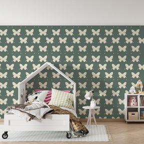 Green butterfly mural wallpaper transforming kids playroom into enchanting garden space