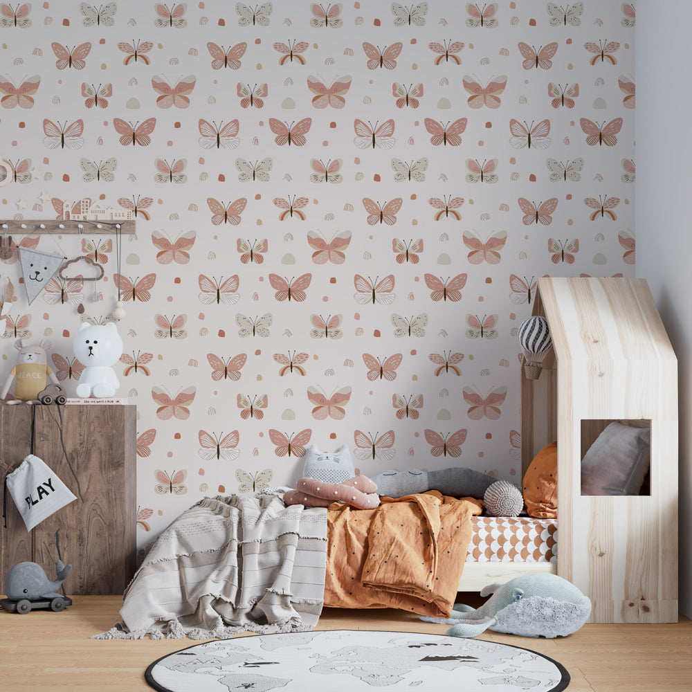 Soft pastel butterfly mural wallpaper enhancing playroom decor by Kids-Mundo