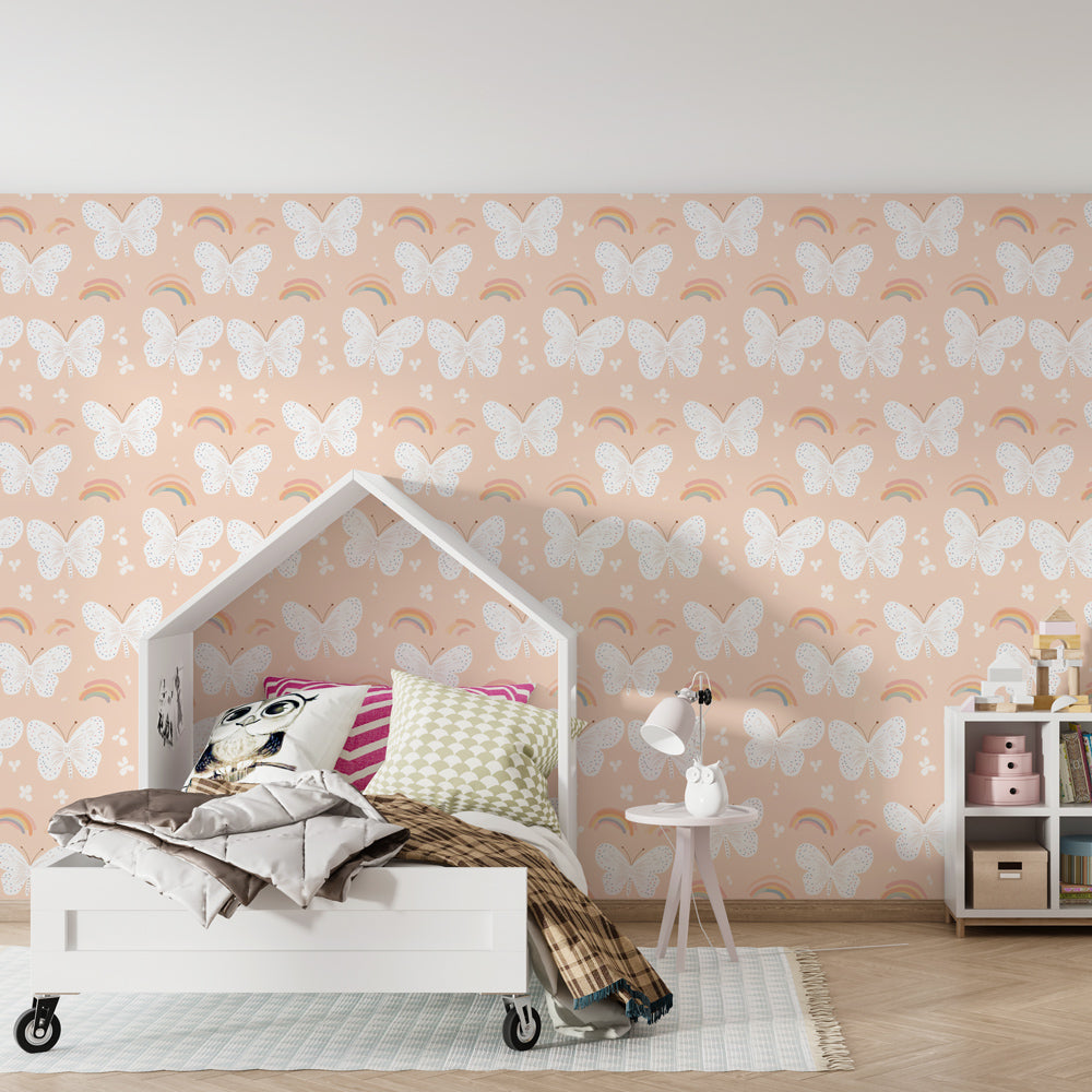 Enchanting butterfly rainbow wallpaper transforming children's playroom into garden sanctuary