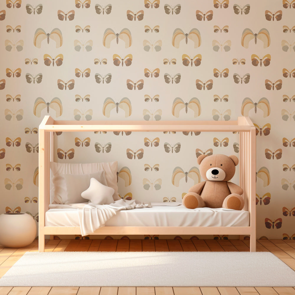 Nature-inspired butterfly wallpaper in children's playroom with wooden furniture and soft textiles