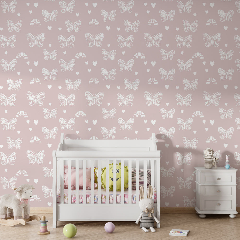 Whimsical butterfly hearts wallpaper creating peaceful toddler room atmosphere