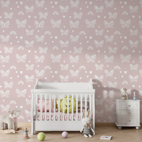 Whimsical butterfly hearts wallpaper creating peaceful toddler room atmosphere