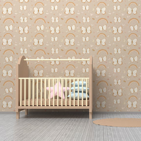 Children's bedroom featuring butterfly and rainbow wallpaper with soft beige tones by Kids-Mundo
