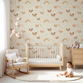 Butterfly rainbow mural wallpaper in bright nursery room with natural lighting by Kids-Mundo
