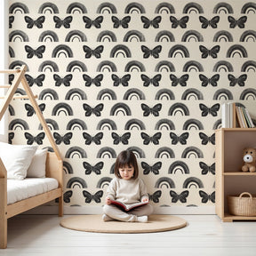 Butterfly rainbow mural wallpaper creating elegant nature-themed nursery decor by Kids-Mundo
