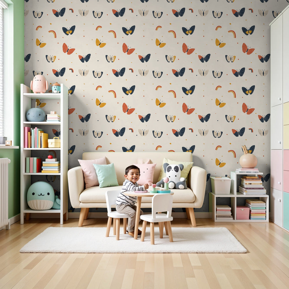 Butterfly rainbow mural wallpaper in bright nursery with white crib by Kids-Mundo