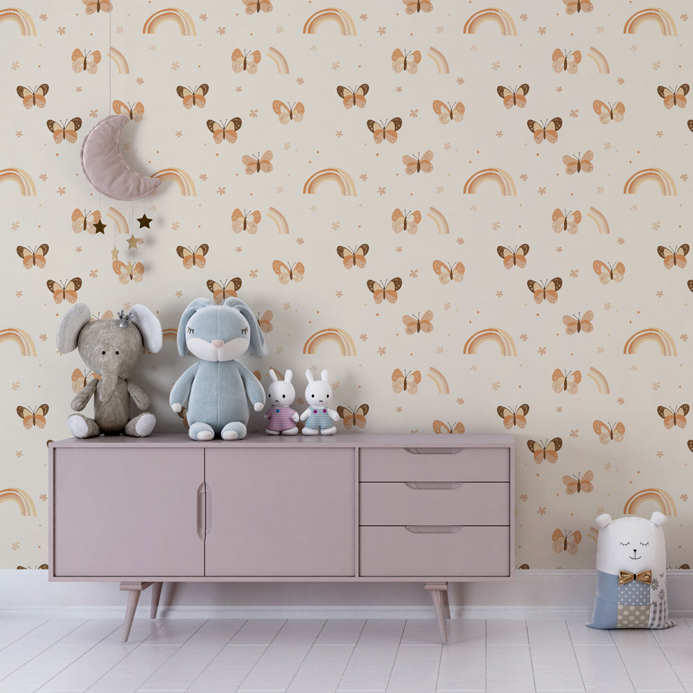 Rainbow butterfly mural wallpaper in colorful kids playroom setting with toys