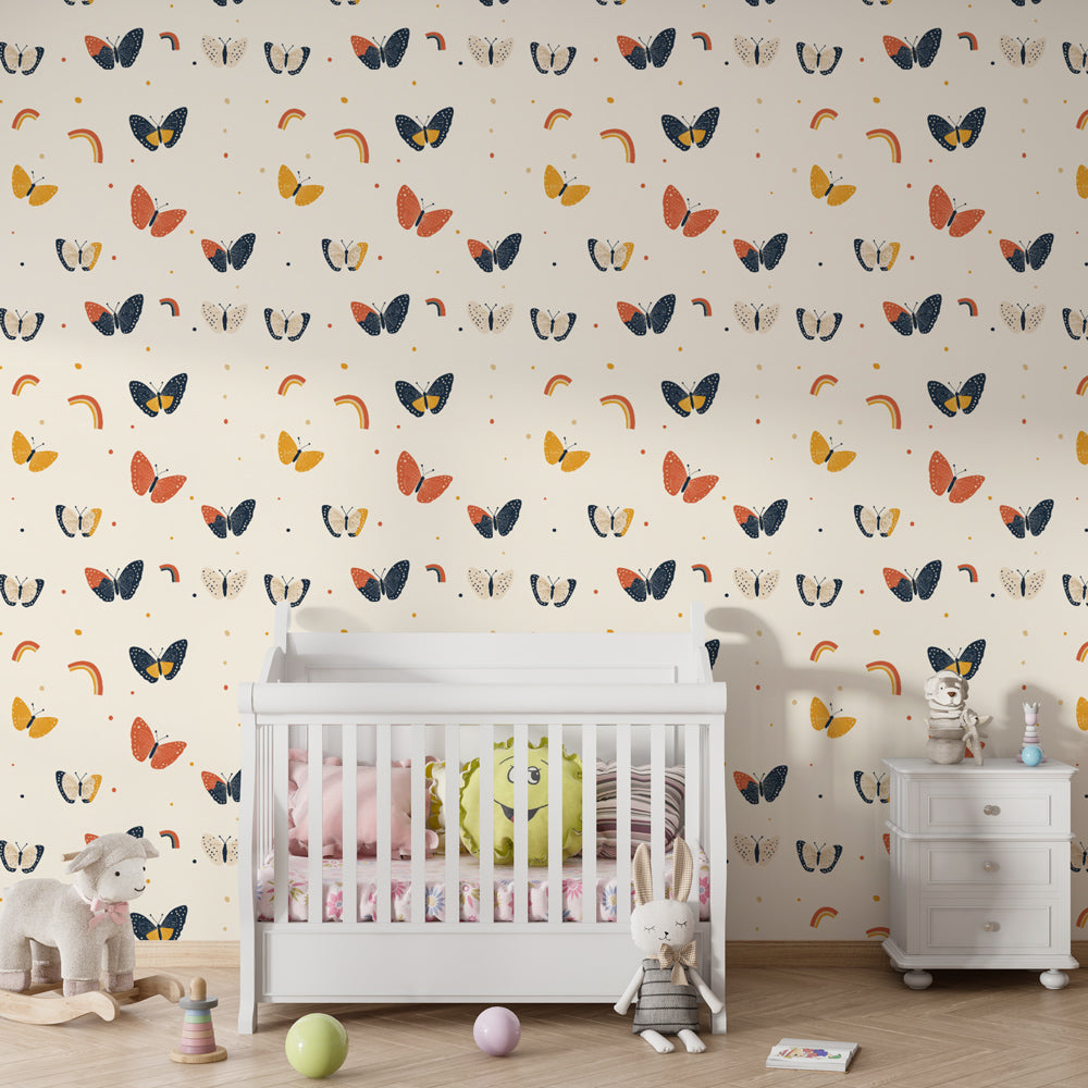Whimsical butterfly rainbow wallpaper transforming children's playroom with cream background