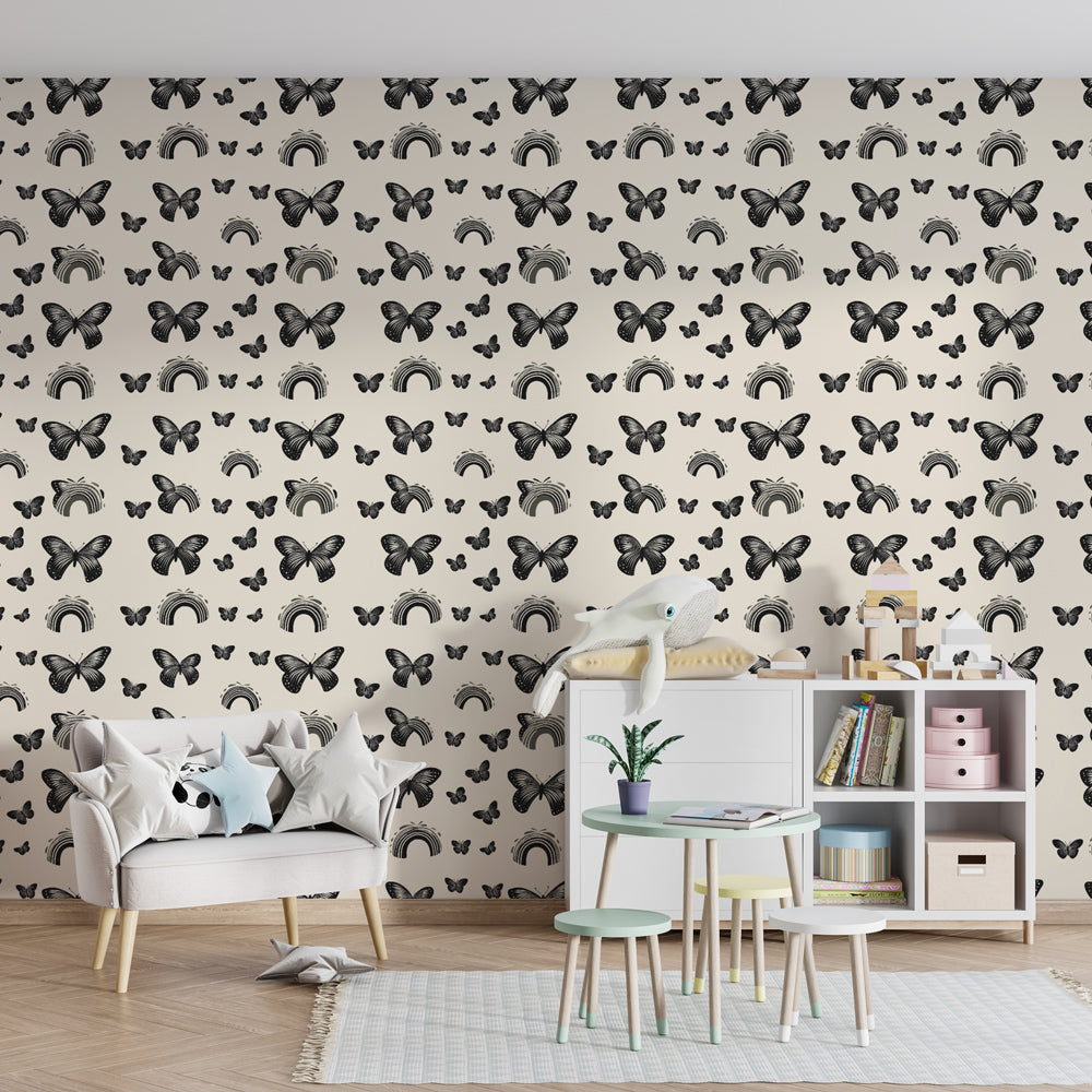 Whimsical butterfly rainbow wallpaper transforming children's playroom decor