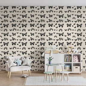 Whimsical butterfly rainbow wallpaper transforming children's playroom decor