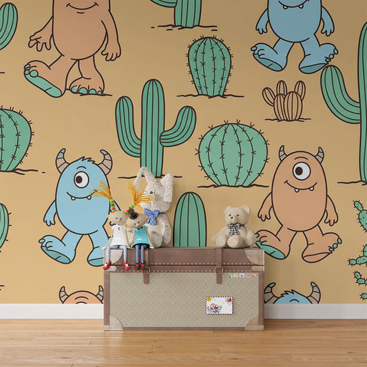 Kids bedroom wall styled with a Kids-Mundo cactus desert monster mural in purple, blue and orange tones.