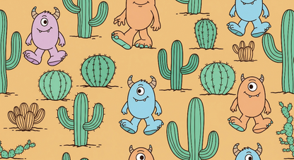 Flat artwork of the Kids-Mundo cactus desert wall mural design with one-eyed monsters and green cacti.