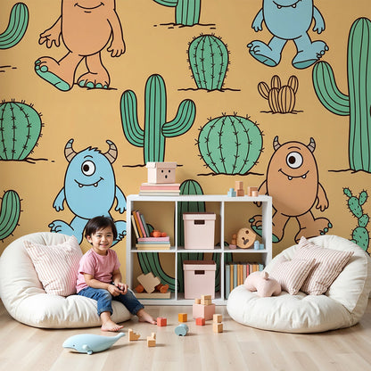Nursery wall featuring a Kids-Mundo cactus desert wall mural with playful one-eyed monster characters.
