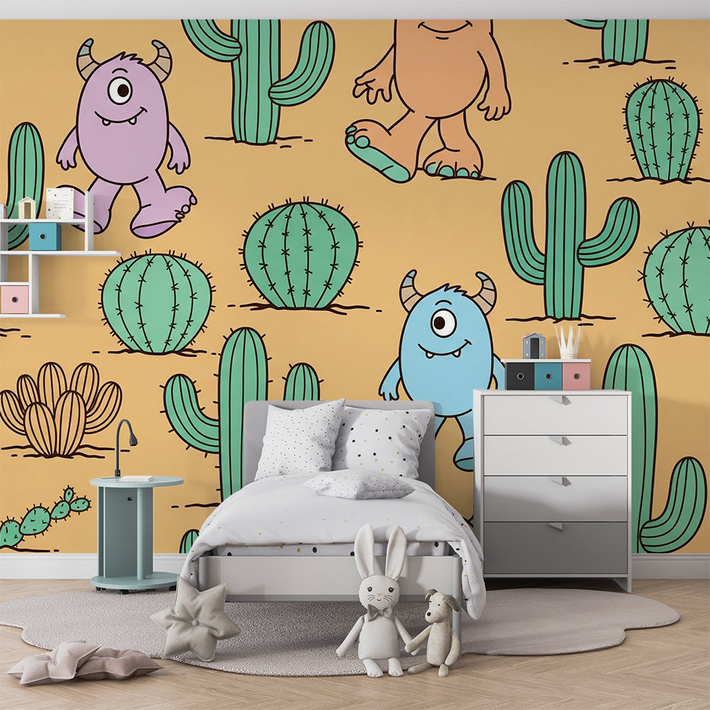 Playroom feature wall with a Kids-Mundo cactus desert wall mural and friendly horned monster characters.