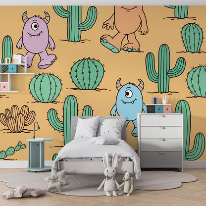 Playroom feature wall with a Kids-Mundo cactus desert wall mural and friendly horned monster characters.