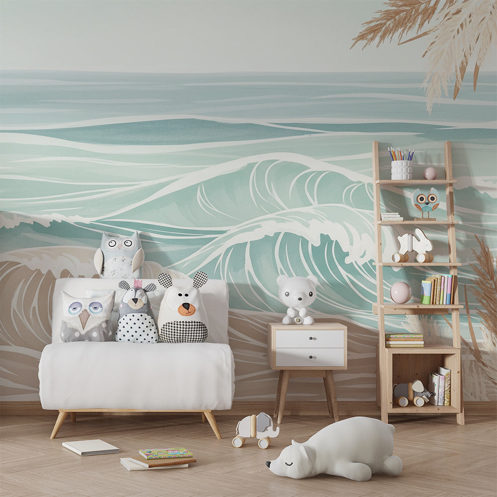 Kids-Mundo ocean wave wall mural bringing soft coastal tones into a child's bedroom.