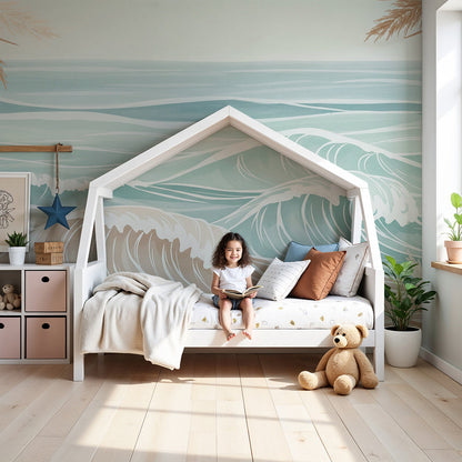 Kids-Mundo calming ocean waves wall mural creating a peaceful seaside nursery scene.