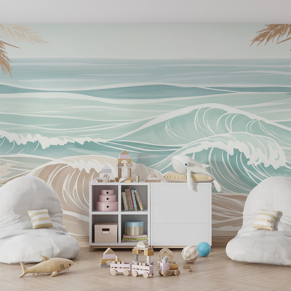 Kids-Mundo pampas grass and ocean wall mural adding calm to a bright playroom wall.