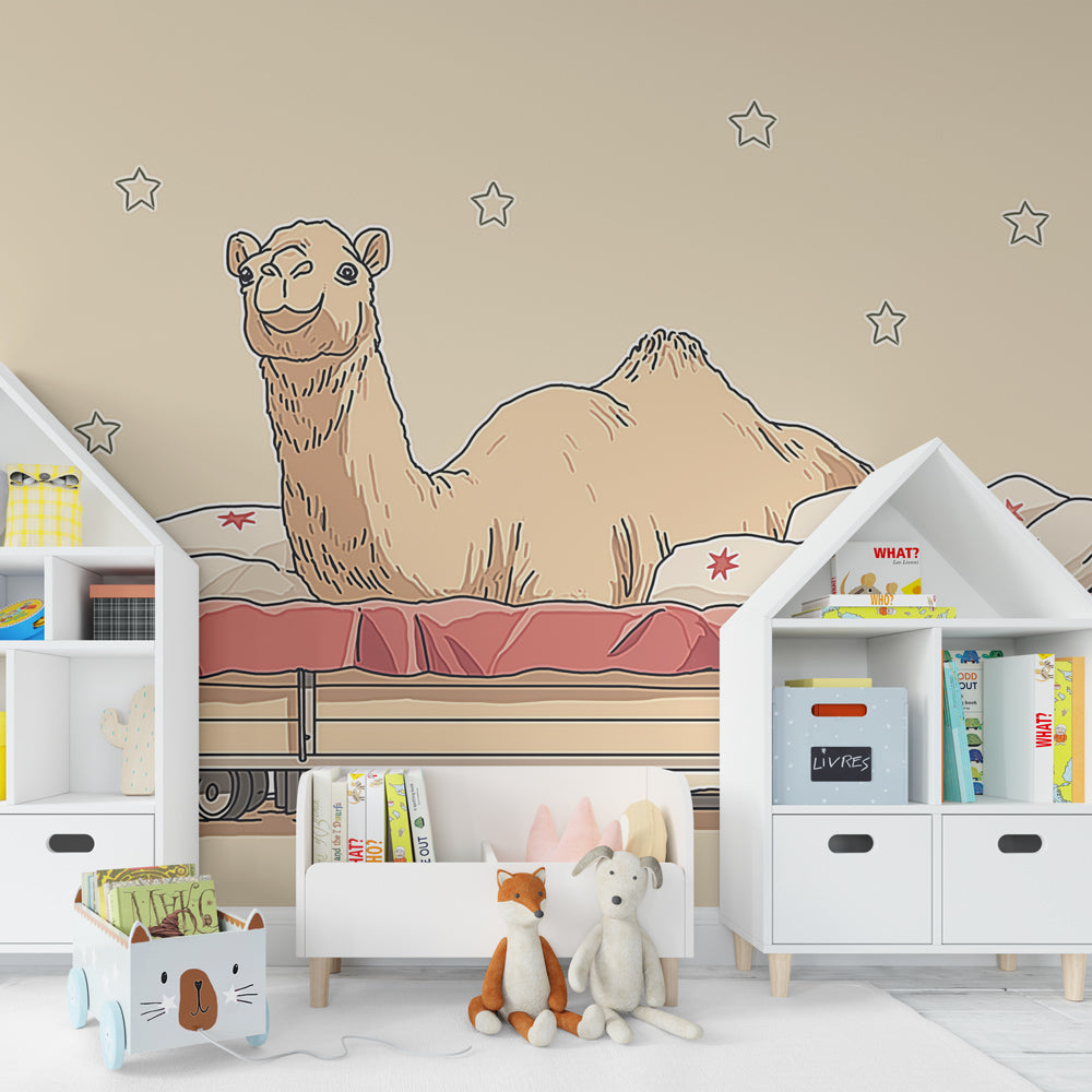 Whimsical camel adventure wallpaper creating dreamy atmosphere in kids bedroom decor