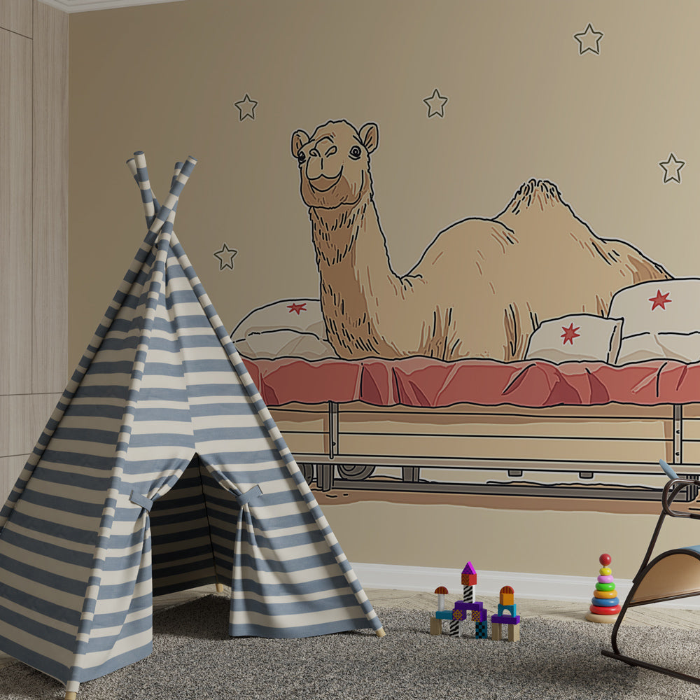 Camel themed mural wallpaper with stars and cushions for children's playroom by Kids-Mundo