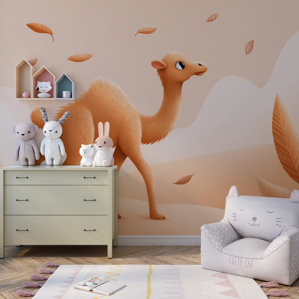 Desert landscape camel wallpaper creating warm atmosphere in children's bedroom