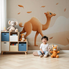 Camel mural wallpaper in modern nursery with natural wood furniture by Kids-Mundo