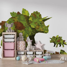 Nature-themed dinosaur wallpaper transforming modern kids bedroom with forest adventure theme