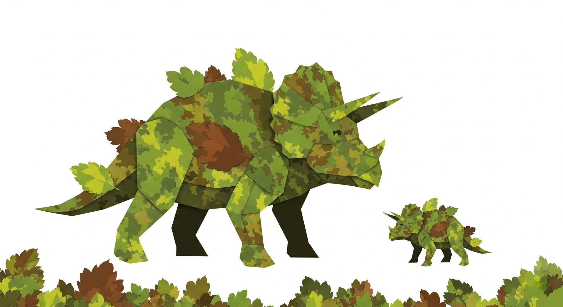 Detailed camouflaged dinosaur mural wallpaper design pattern showing triceratops with leaf camouflage by Kids-Mundo