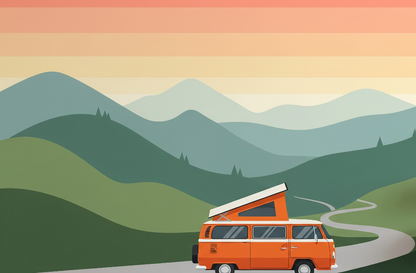 Flat artwork of the Kids-Mundo camper van wall mural winding through green rolling hills