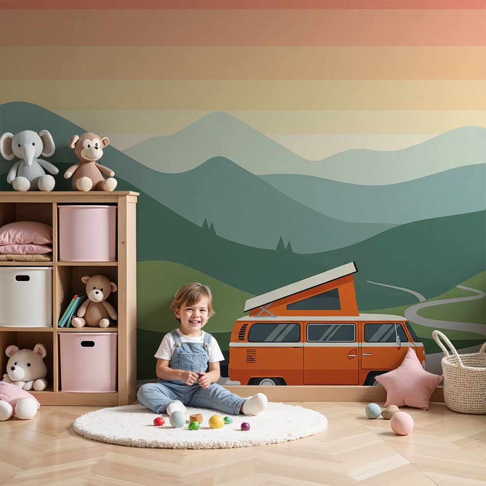 Kids-Mundo camper van rolling hills wall mural styled in a bright, cheerful nursery