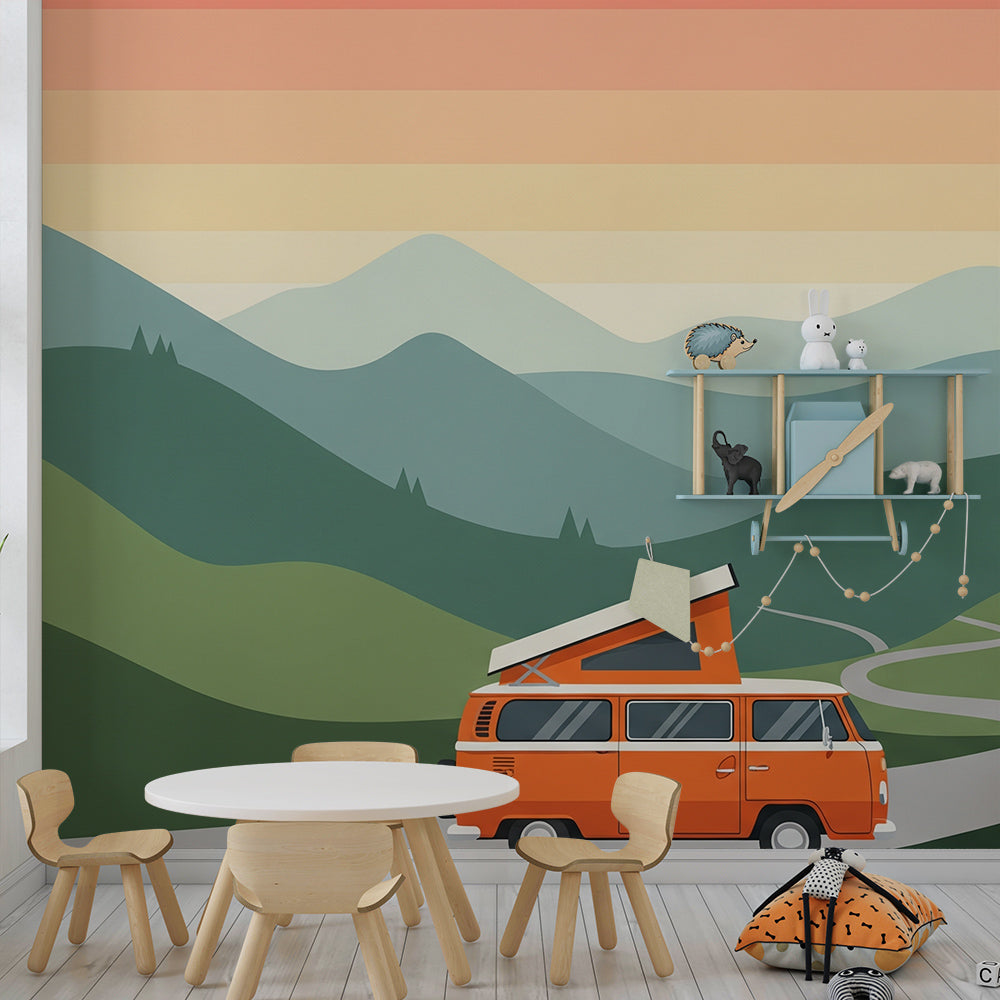 Kids-Mundo camper van hills wall mural bringing open-road charm to a playroom wall
