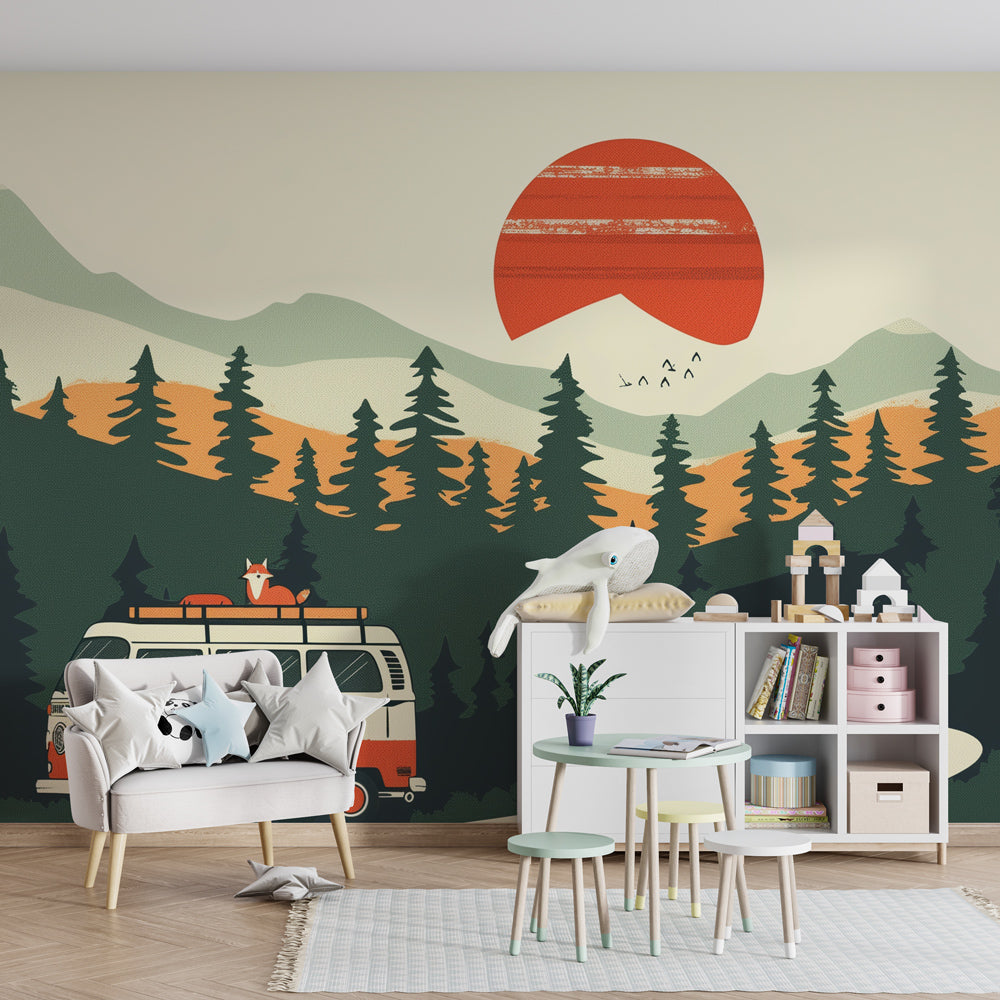 Kids-Mundo camper van sunset wall mural behind a single bed in a child's bedroom with wooden furniture