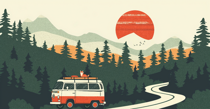 Kids-Mundo flat design of a retro camper van driving through a pine forest at sunset with a fox on the roof