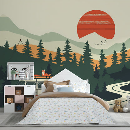 Kids-Mundo forest camper van wall mural brightening a playroom wall with toys and a reading corner