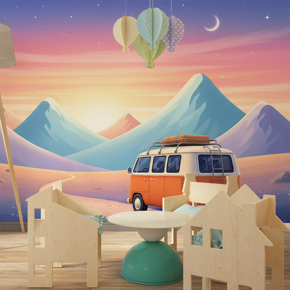 Kids-Mundo starry campervan wall mural bringing adventure to a bright playroom wall