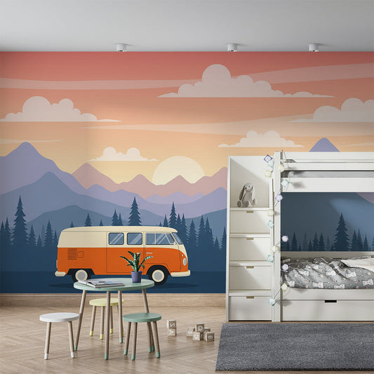 Kids-Mundo campervan wall mural covering a feature wall in an adventure-themed kids bedroom