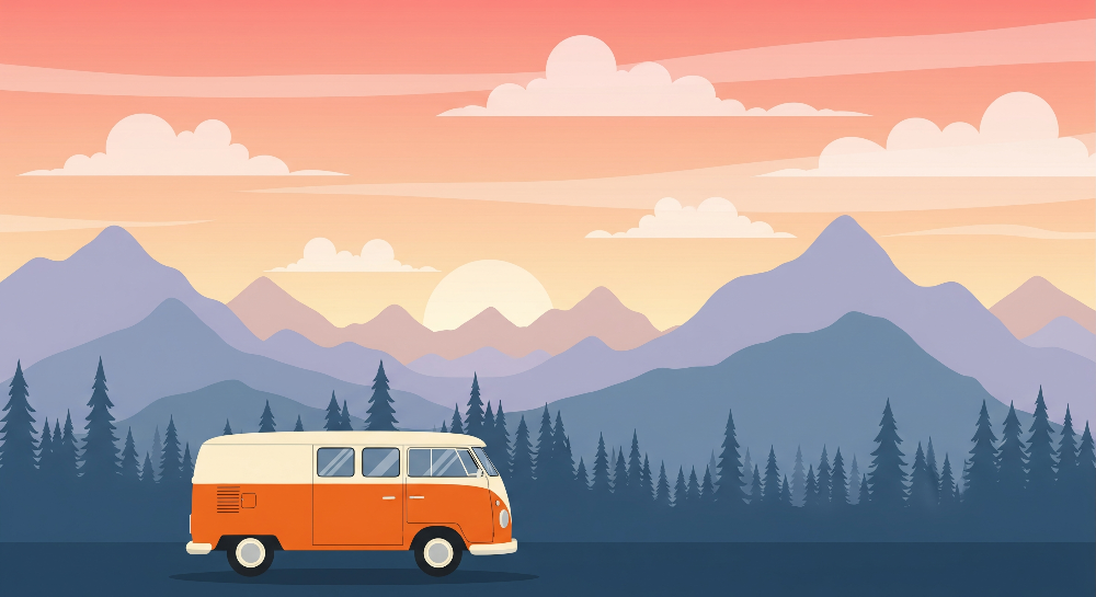 Vintage Campervan Sunset Forest Wall Mural